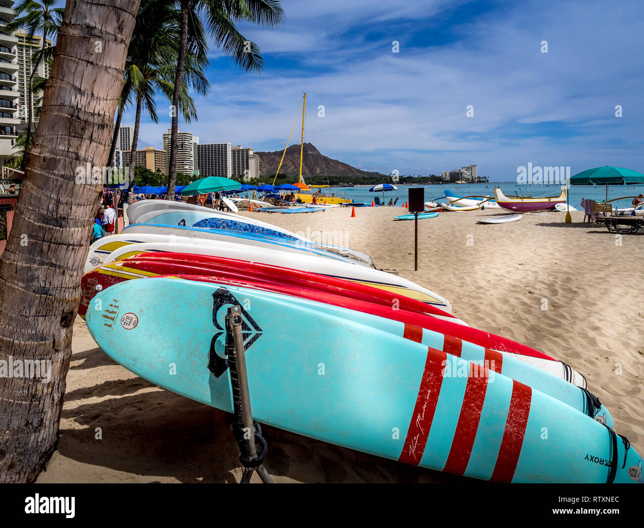 Locations de surf attendent les touristes sur la plage de Waikiki, le 29 avril 2014 à Oahu. La plage de Waikiki est quartier en bord de Honolulu, plus connu fo Banque D'Images
