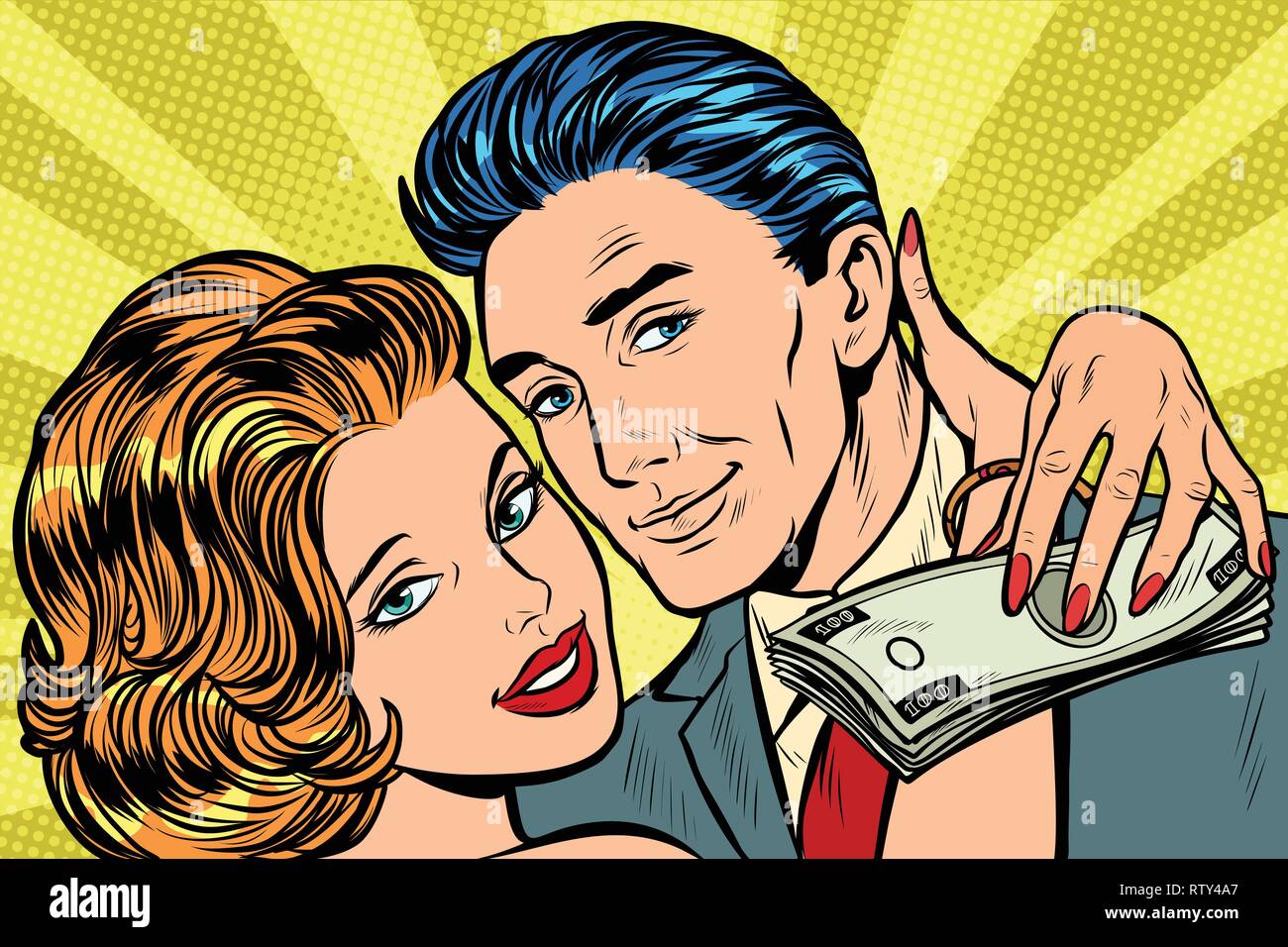 Couple dans l'amour, l'argent cadeau salaire. Pop art retro kitsch vintage illustration vectorielle Illustration de Vecteur