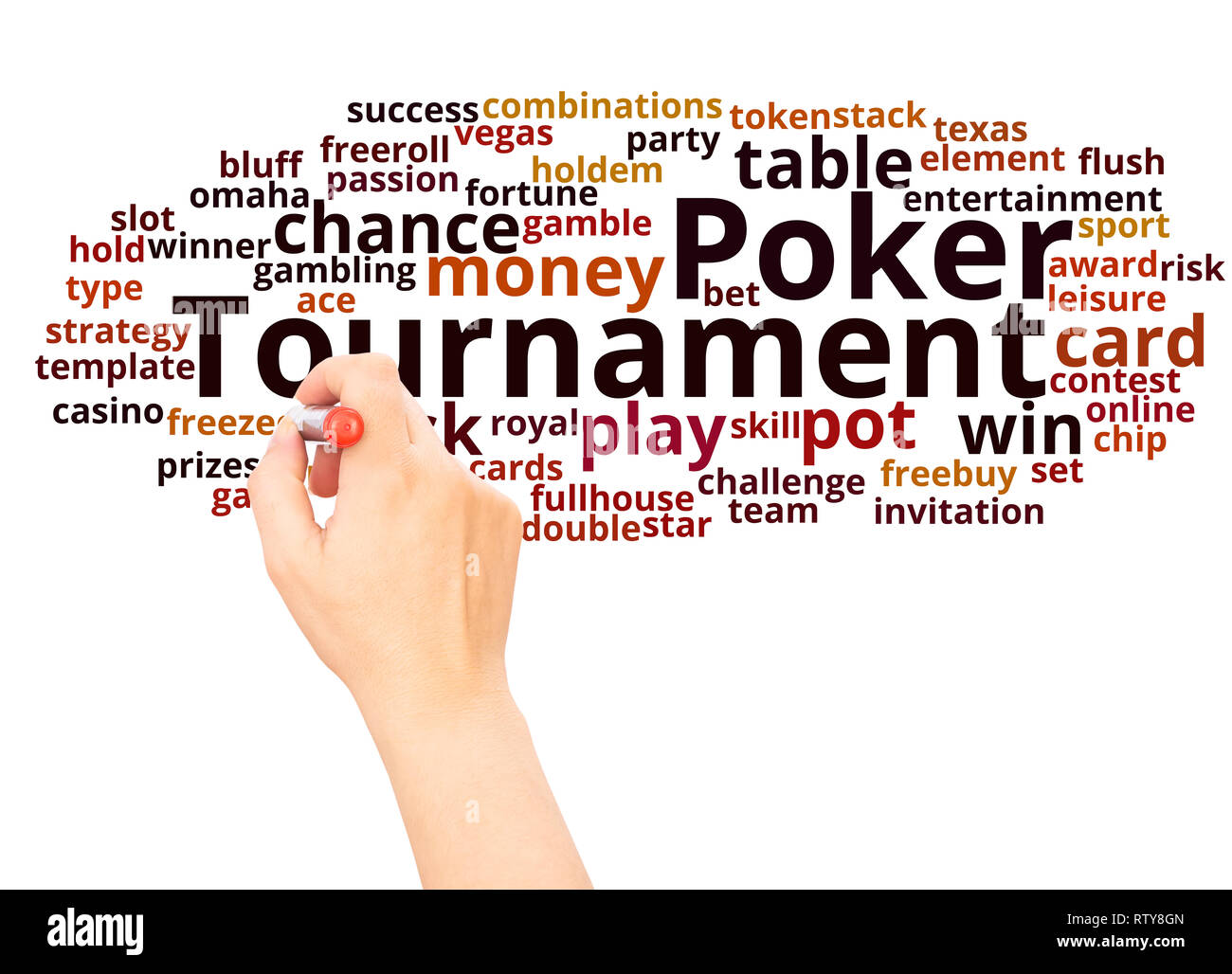 Tournoi de Poker Nuage de mots la main concept sur fond blanc. Banque D'Images