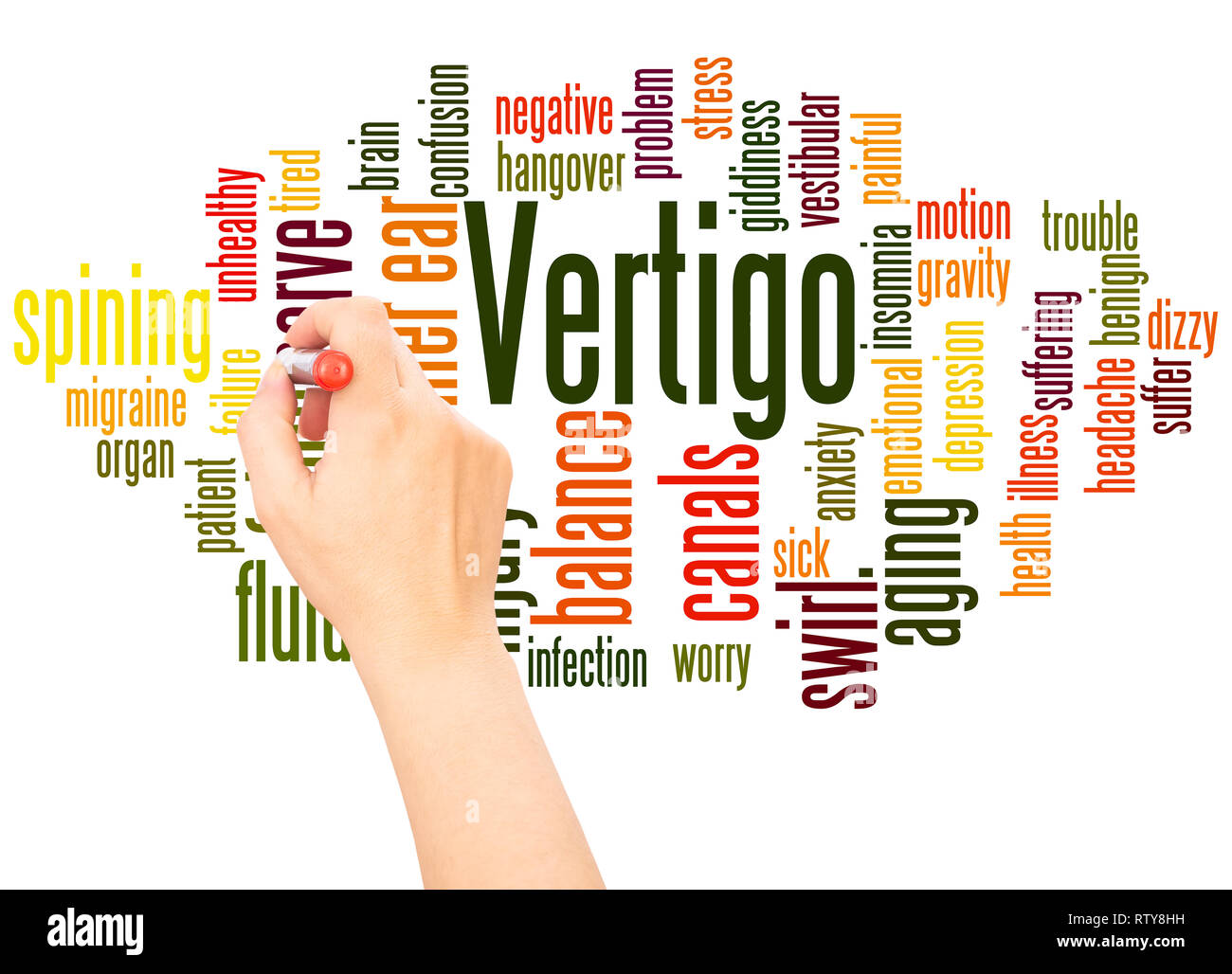 Nuage de mots vertige concept écrit à la main sur fond blanc. Banque D'Images