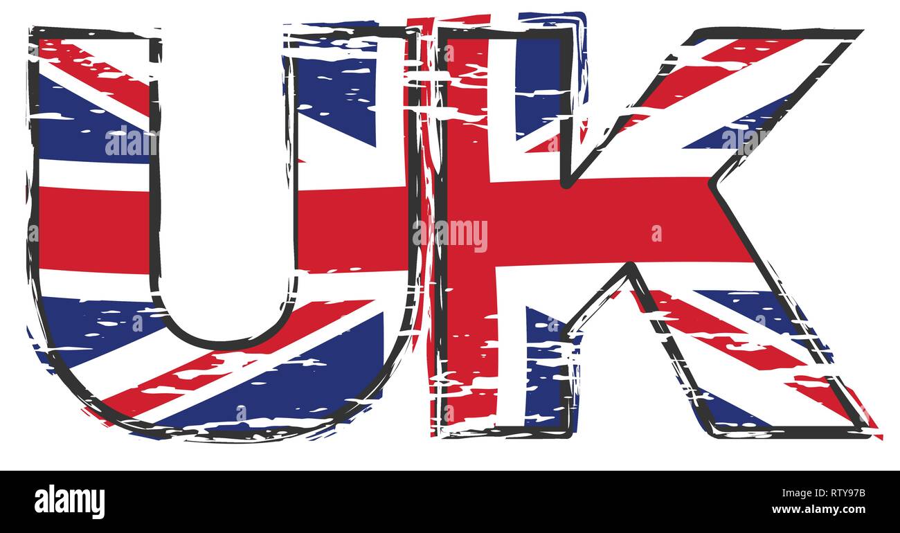 Lettres UK avec British Union Jack drapeau sous elle, distressed grunge look. Illustration de Vecteur