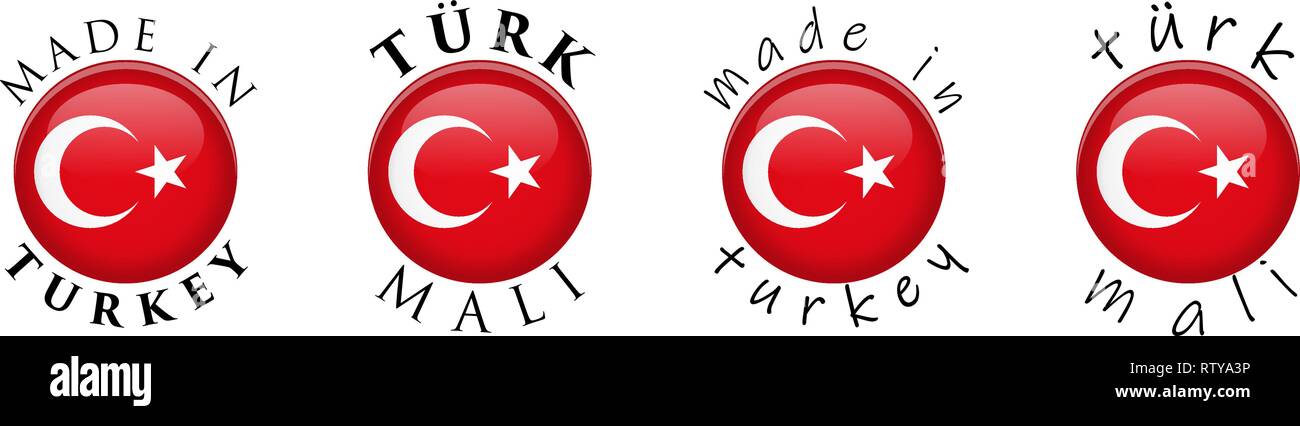 Simple faite en Turquie/ Turk (Mali) traduction Turque bouton 3D signe. Le texte autour de cercle avec le drapeau national. Décontracté et décent version police. Illustration de Vecteur