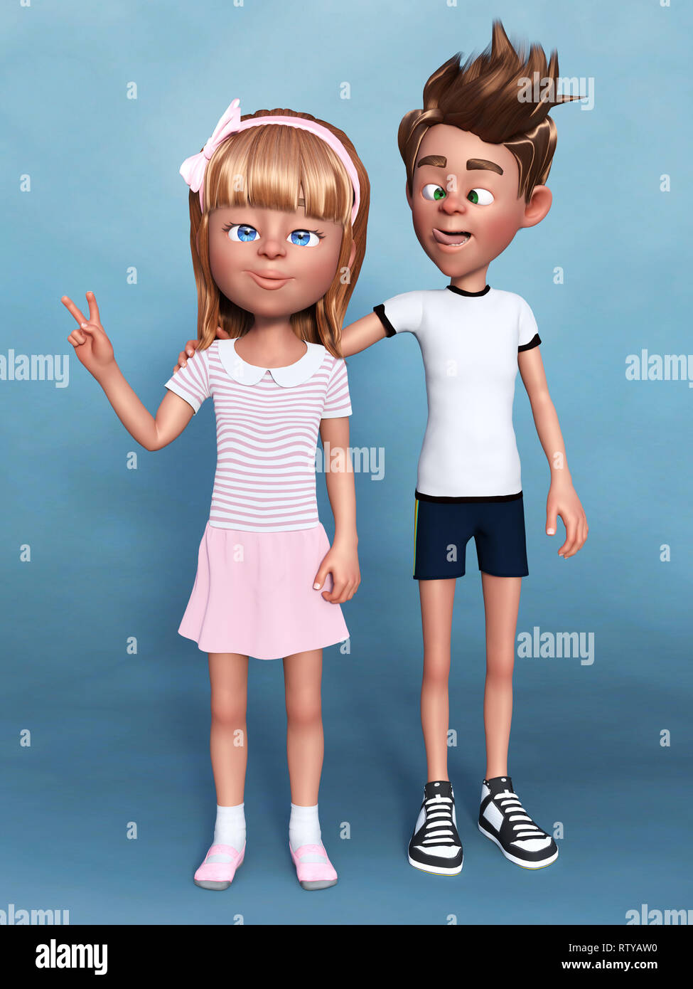 Le rendu 3D d'un dessin animé garçon faisant un visage stupide, plaisantant avec sa soeur. Un sibbling portrait. Fond bleu. Banque D'Images