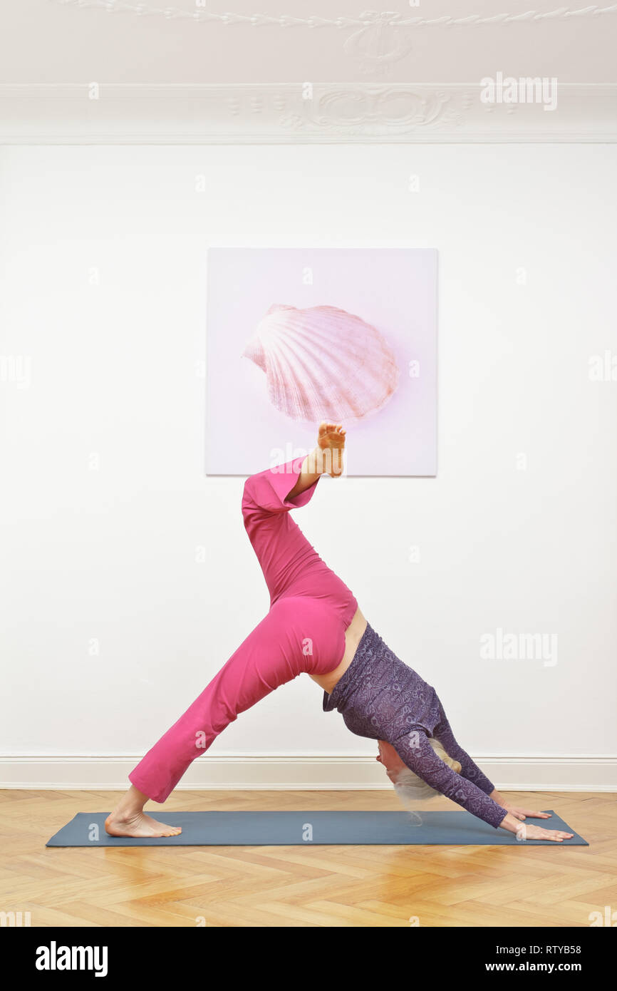 Senior woman exercising yoga à la maison sur un tapis devant un mur avec un shell photo, trépied d'asanas Banque D'Images