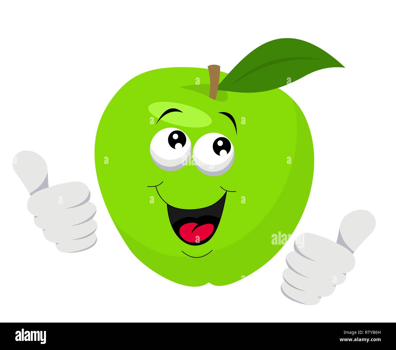 Cartoon Caractères Apple Giving Thumbs Up. Illustration Raster isolé sur fond blanc Banque D'Images