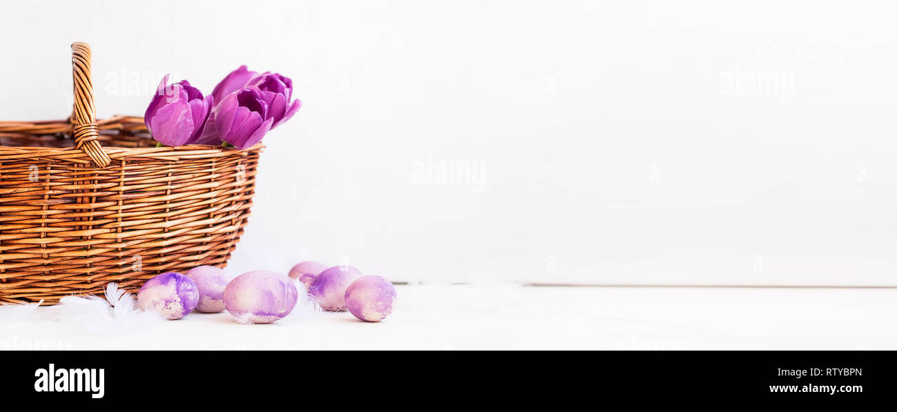 Les oeufs peints de Pâques printemps avec des tulipes bouquet dans un panier de printemps, vacances de Pâques décoration carte with copy space Banque D'Images