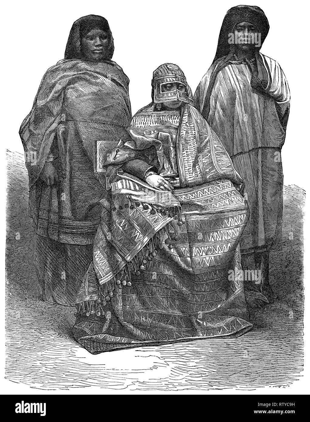 Vintage 1880 Jumbe-Souli gravure de Reine de l'île de Mohéli (maintenant partie des Comores) et ses accompagnateurs. La gravure est d'une photographie prise en 1863. Banque D'Images