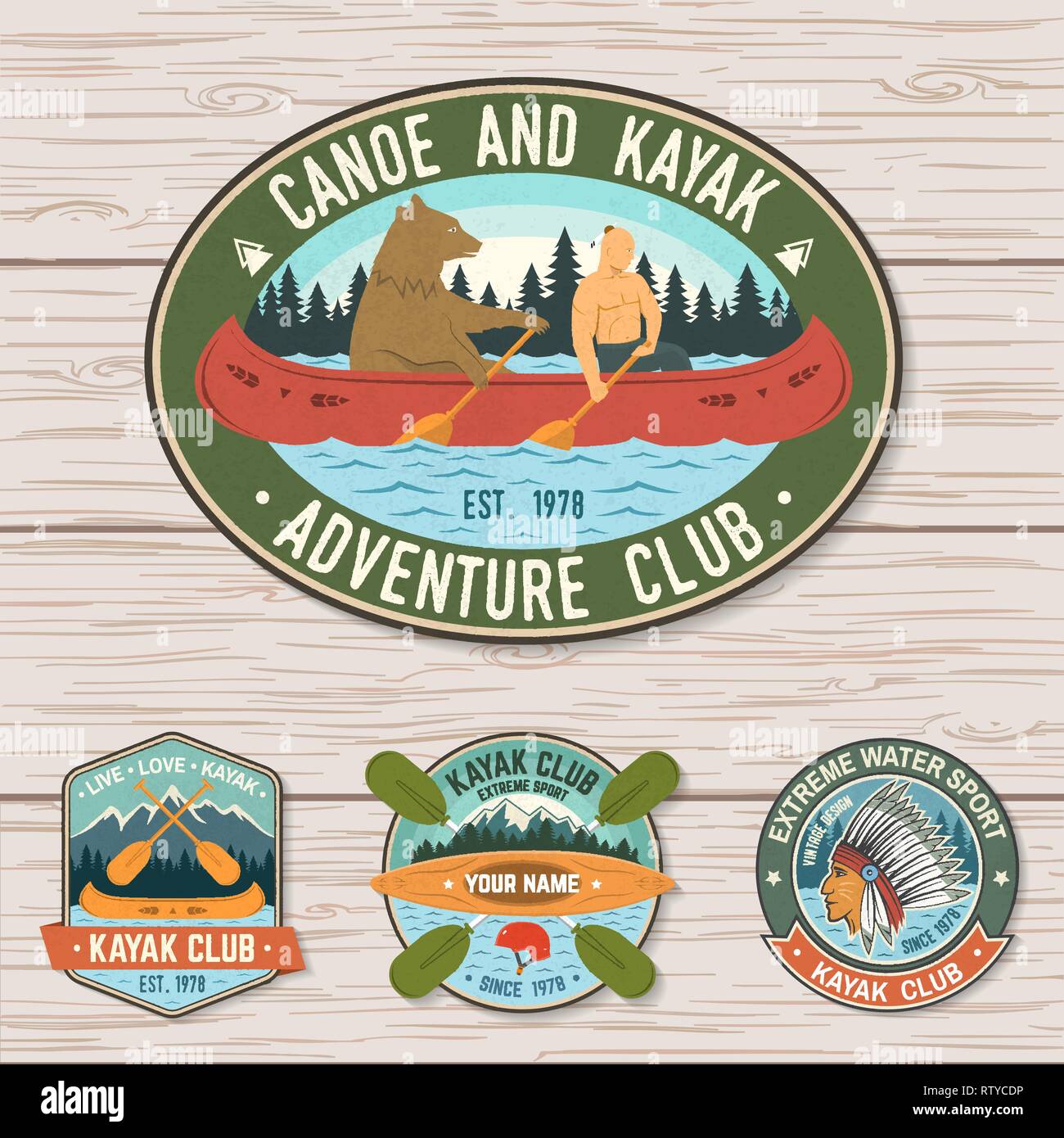 Ensemble de canot et kayak club insignes vecteur. Concept pour patch, shirt, impression, stamp ou tee. Vintage design avec vue sur la montagne, la rivière, le kayakiste amérindien et silhouette. Eau extrême sport kayak patches Illustration de Vecteur