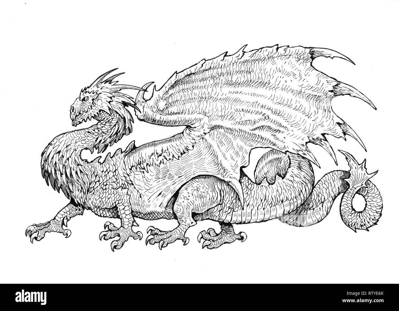 Avec des ailes de dragon. Illustration d'encre fantaisie. Banque D'Images