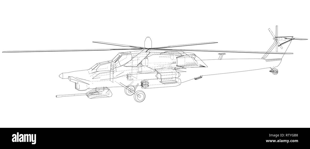 Hélicoptère en contours style. Illustration de la représentation filaire créé 3d. Illustration de Vecteur