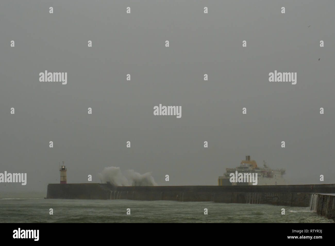 Newlaven, East Sussex, Royaume-Uni. 03ème mars 2019. Vent de la tempête Freya fouette des vagues le long du manteau sud de l'Angleterre. Le ferry Transmanche quitte l'entrée du port. Banque D'Images