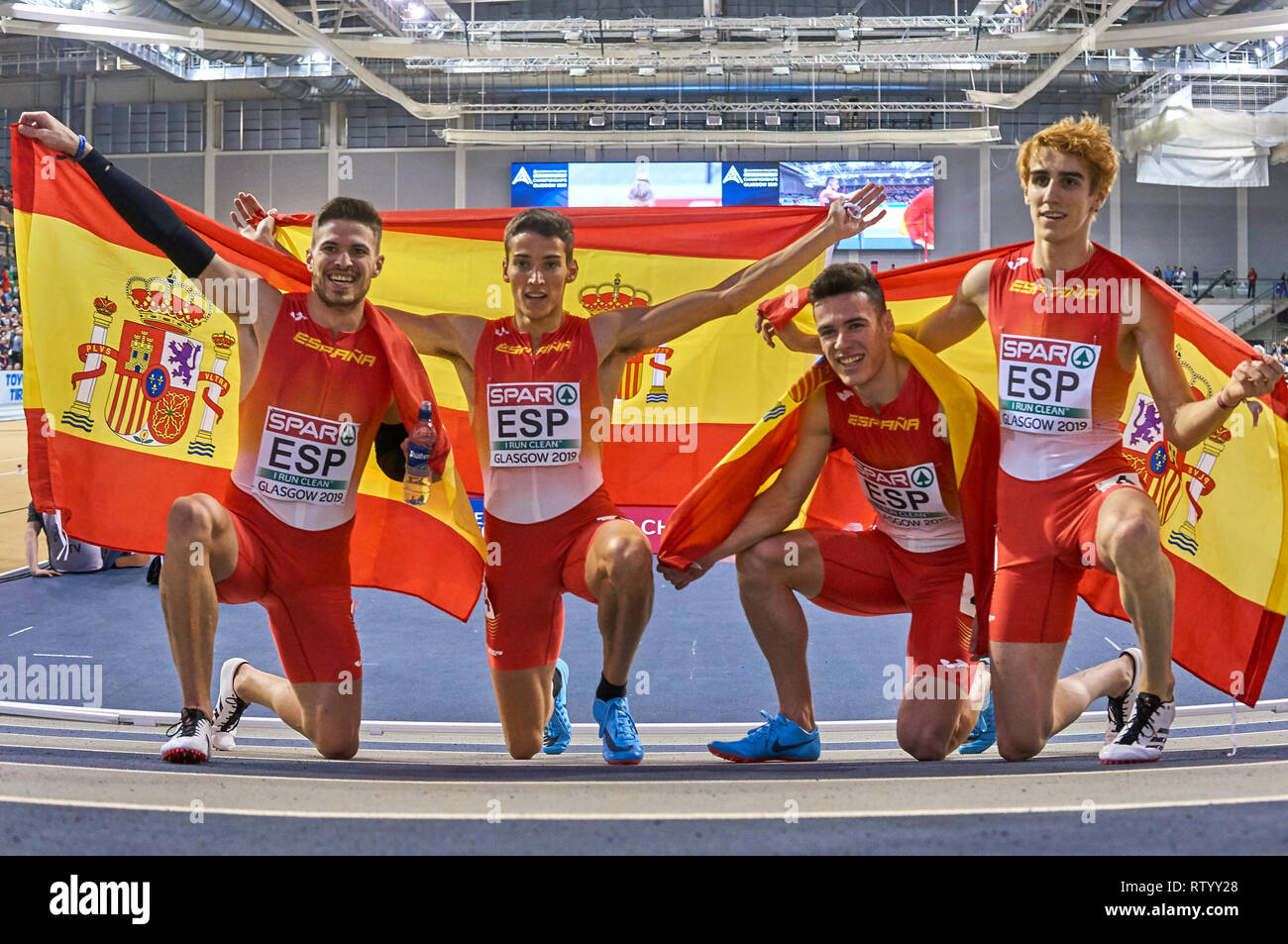 Glasgow, Royaume-Uni : 3 Mars 2019 : l'équipe hommes relais espagnol remporte l'or en 4x400m sur l'athlétisme en salle 2019.Crédit : Pawel Pietraszewski/ Alamy News Banque D'Images