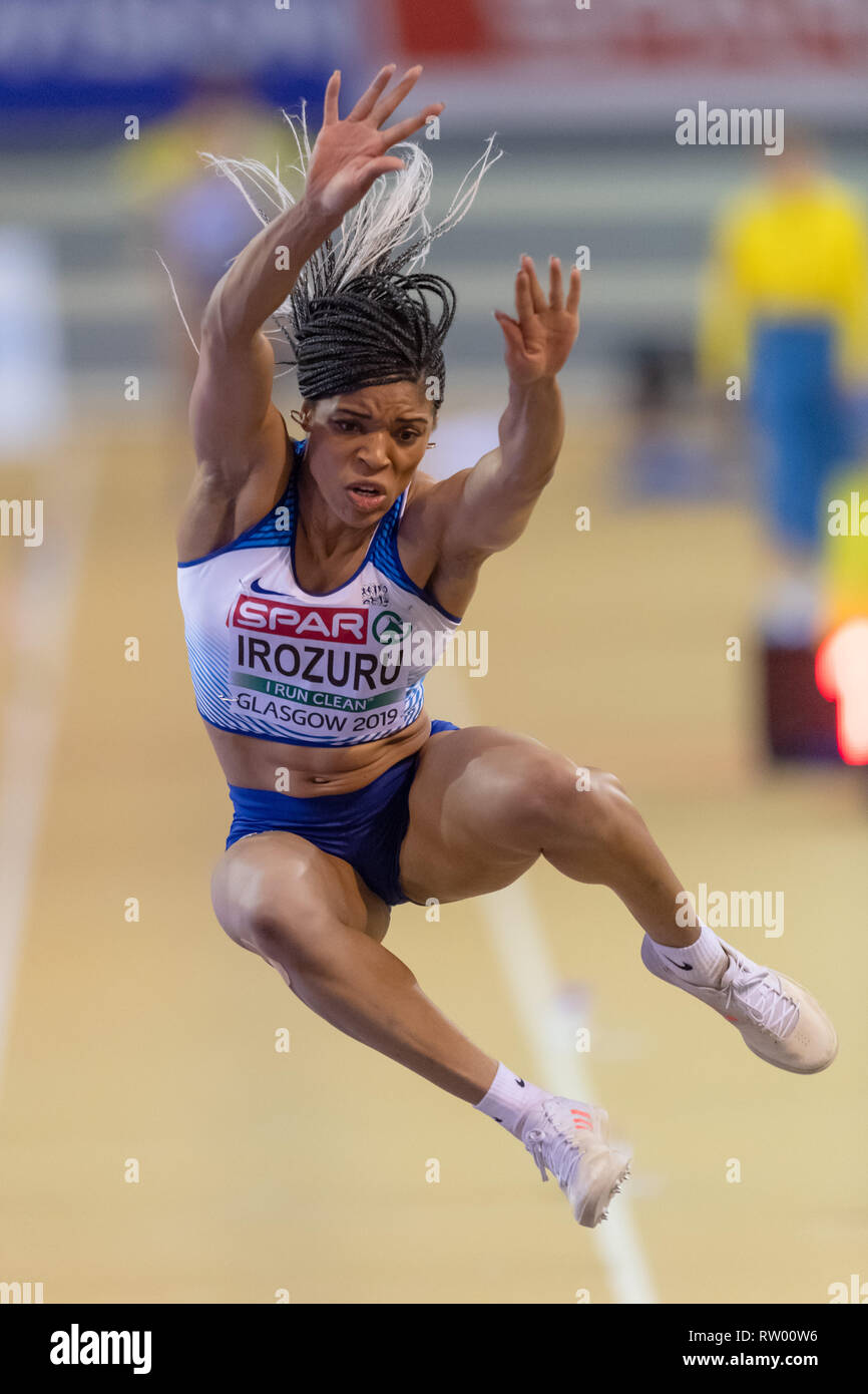 Glasgow, Ecosse, Royaume-Uni. 3 mars, 2019. Abigaä Irozuru (GBR) en finale du saut en longueur lors des Championnats d'Europe d'athlétisme Indoor 2019 Glasgow au Emirates Arena le dimanche, 03 mars 2019. GLASGOW EN ÉCOSSE. (Usage éditorial uniquement, licence requise pour un usage commercial. Aucune utilisation de pari, de jeux ou d'un seul club/ligue/dvd publications.) Crédit : Taka G Wu/Alamy News Banque D'Images