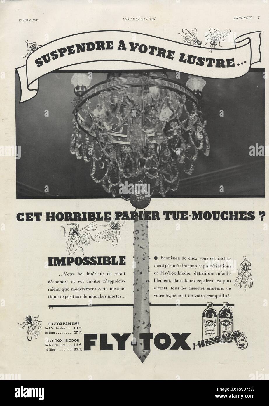 Publicité ancienne. 13 juin 1936. Fly - Tox Inodor Banque D'Images