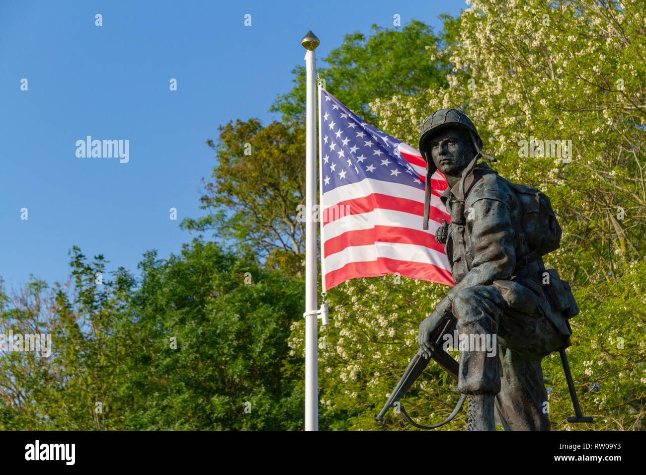 L 'Iron Mike' Memorial de la 82nd Airborne et leur D-Day 1944 capture & défense de la pont de la fière, Normandie, France. Banque D'Images