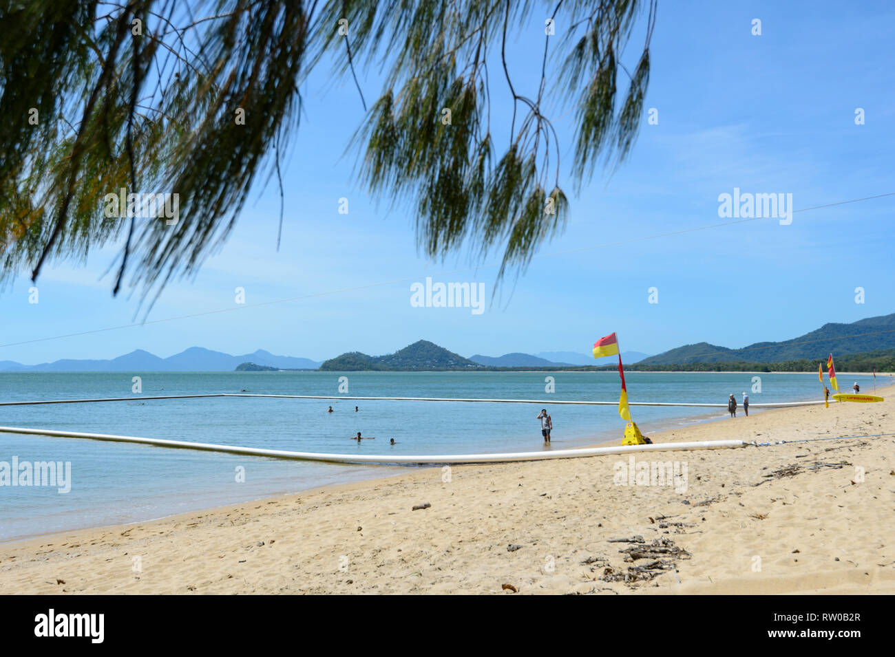 Zone de baignade en toute sécurité à l'intérieur de filets pour protéger contre les stingers marine, Palm Cove, plages du nord de Cairns, Far North Queensland, Queensland, Australie, FNQ Banque D'Images