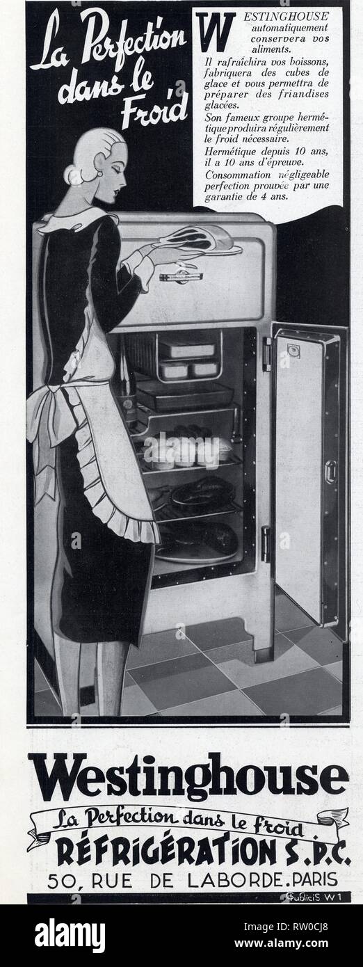 Publicité ancienne. 13 juin 1936. Westinghouse. Réfrigération S.P.C. Banque D'Images