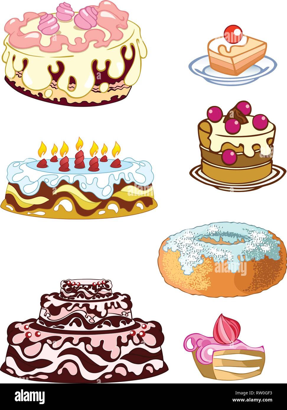 L'illustration montre un groupe de divers gâteaux et muffins. Illustration faite sur des couches distinctes, isolé sur fond blanc. Illustration de Vecteur