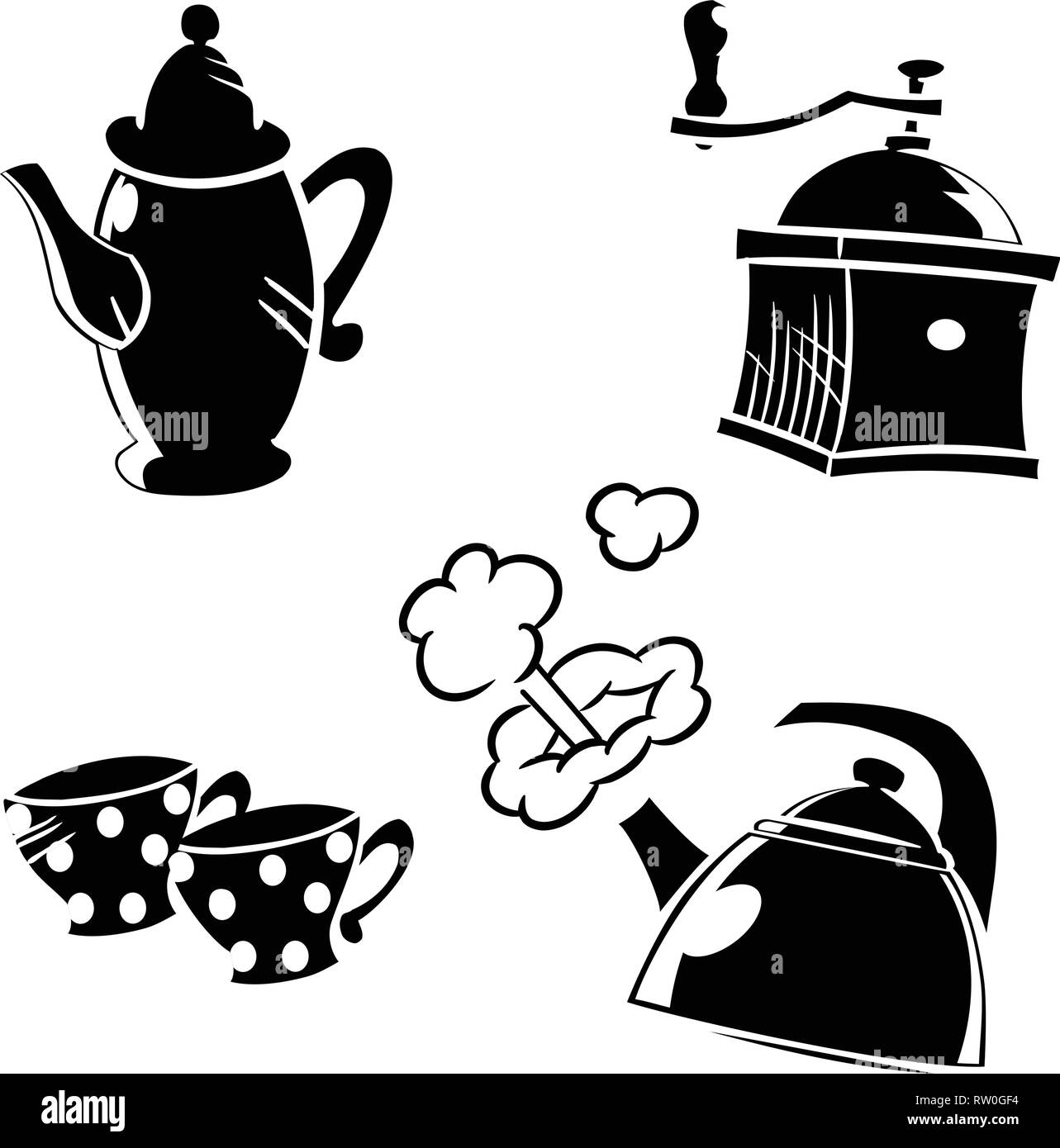 L'illustration montre un ensemble d'ustensiles pour faire du café. Fait dans le style de silhouette noire, isolé sur un fond blanc, sur des calques distincts. Illustration de Vecteur L'illustration montre un ensemble d'ustensiles pour faire du café. Fait dans le style de silhouette noire, isolé sur un fond blanc, sur des calques distincts. Illustration de Vecteur
