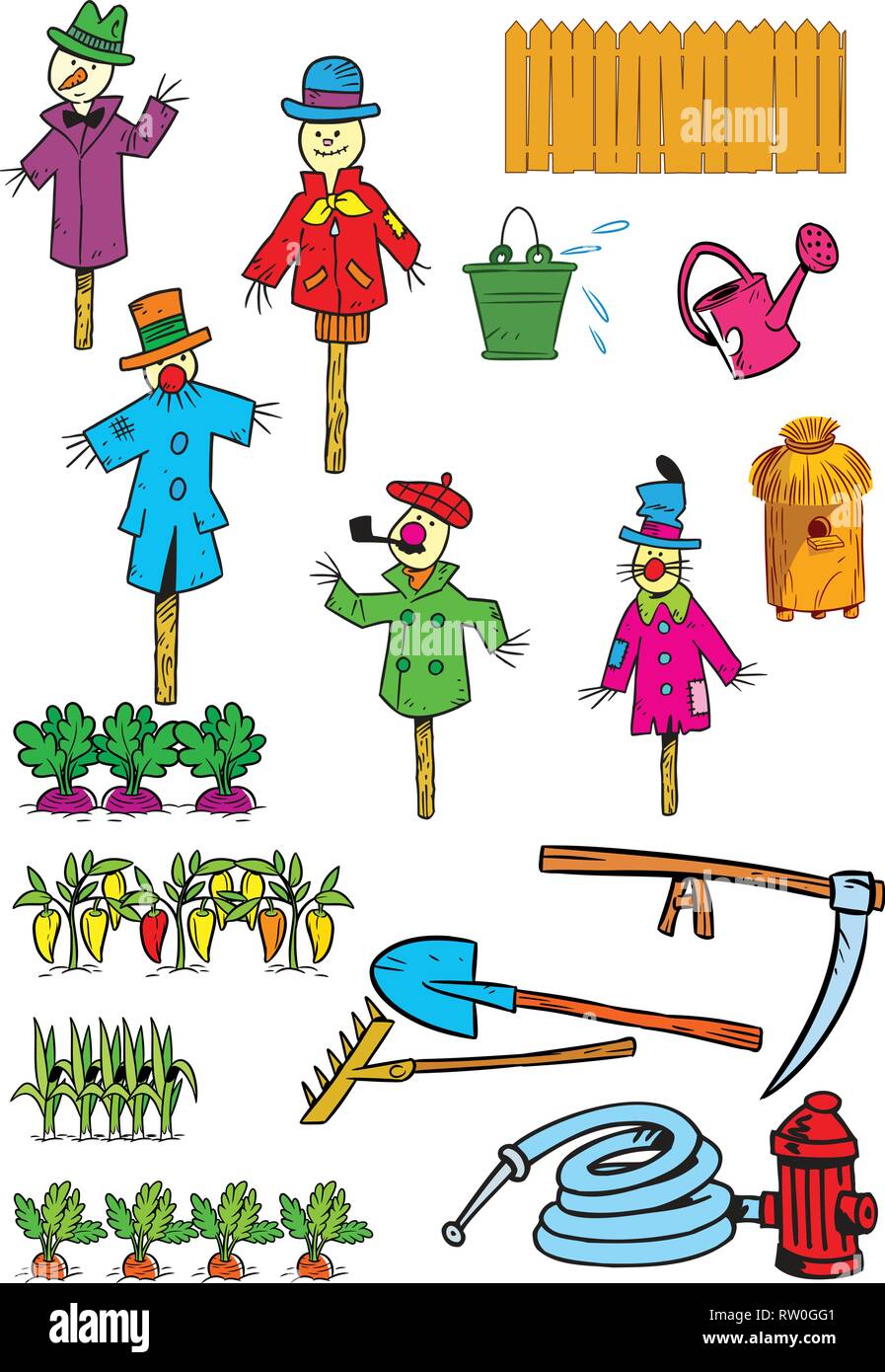 L'illustration montre un ensemble d'outils et d'objets pour le jardin et kailyard. En fait l'illustration cartoon style, sur des couches distinctes, isolé sur un w Illustration de Vecteur