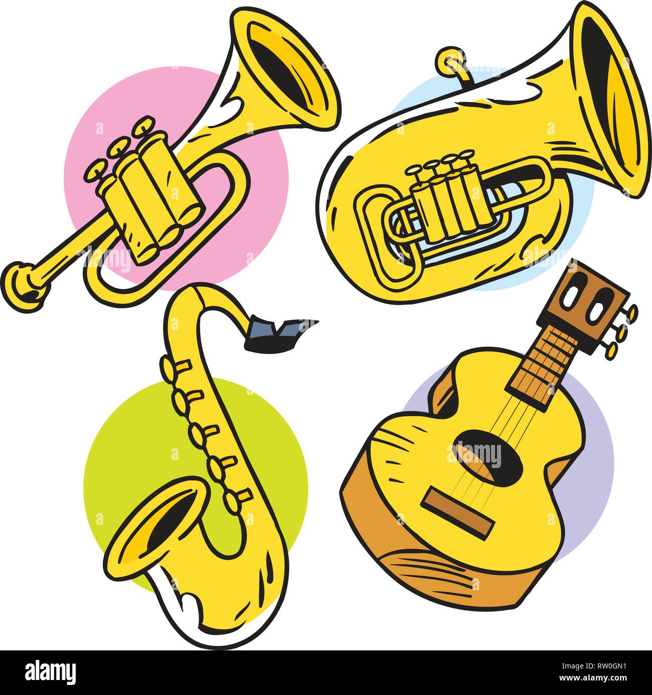 L'illustration montre quelques instruments de musique à cordes et à vent. En fait l'illustration cartoon style, sur des calques distincts. Illustration de Vecteur