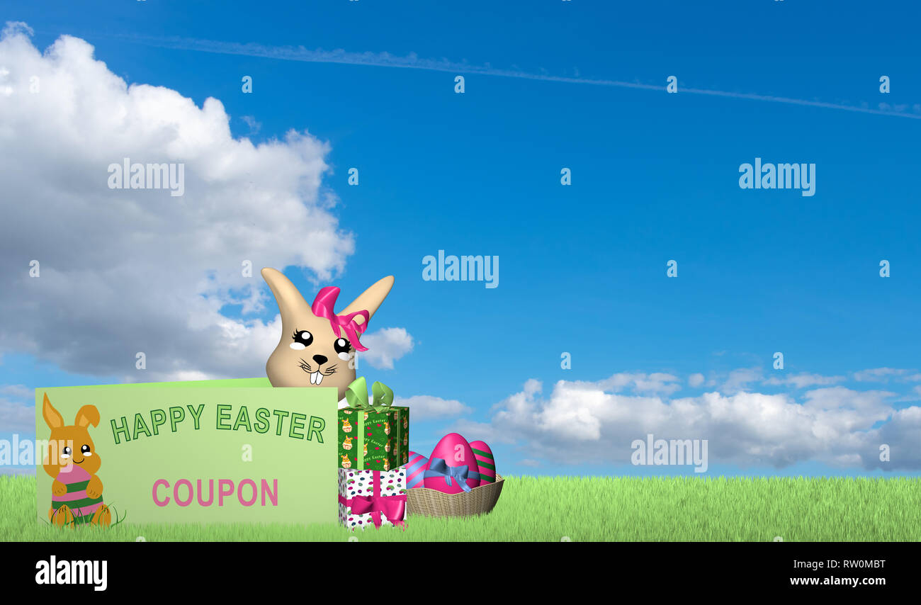 Avec la carte cadeau kawaii lapin de Pâques, présente et Easter basket sur pré vert avec nuage bleu ciel. Le rendu 3D Banque D'Images