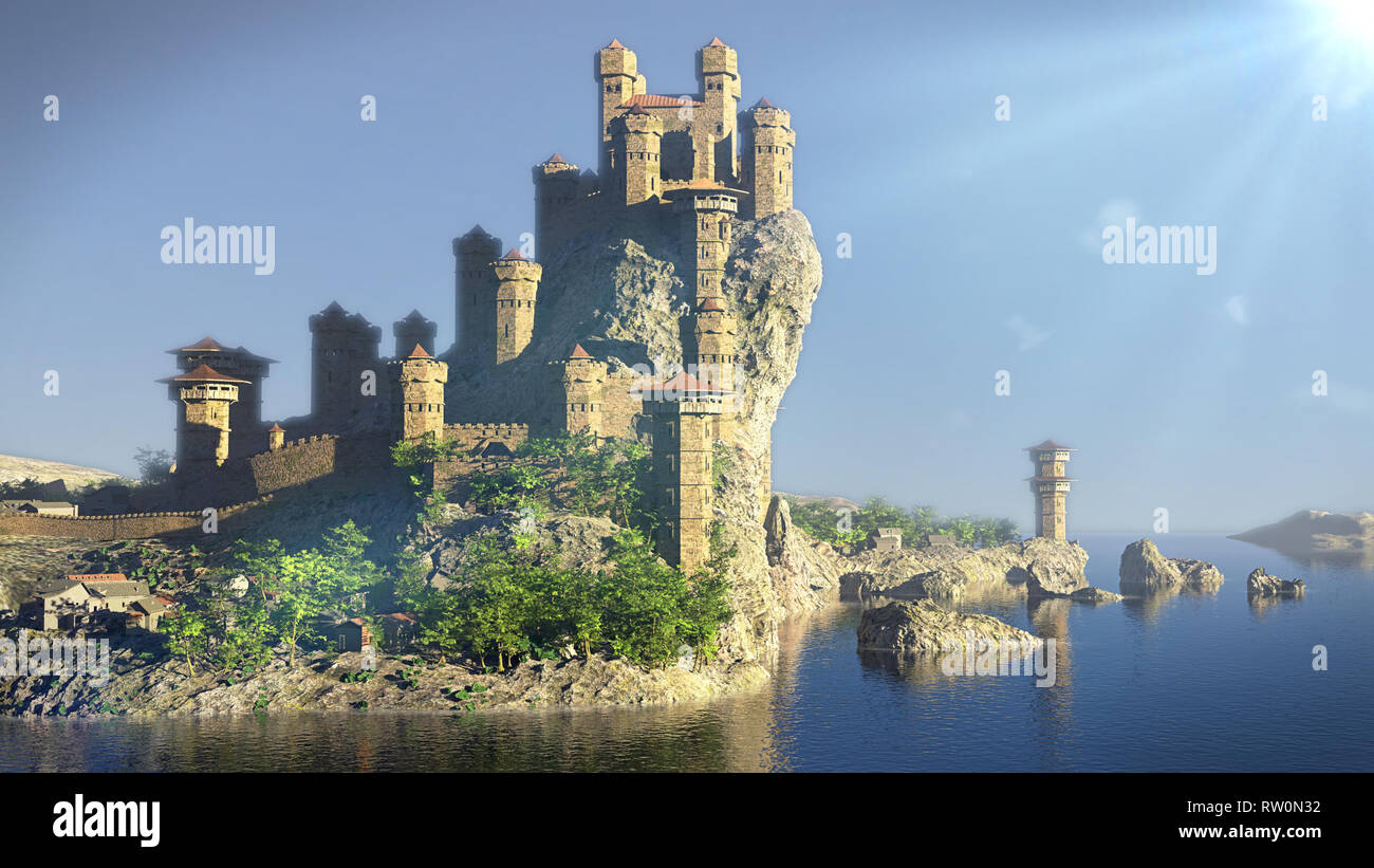 Château sur une colline donnant sur l'océan Banque D'Images