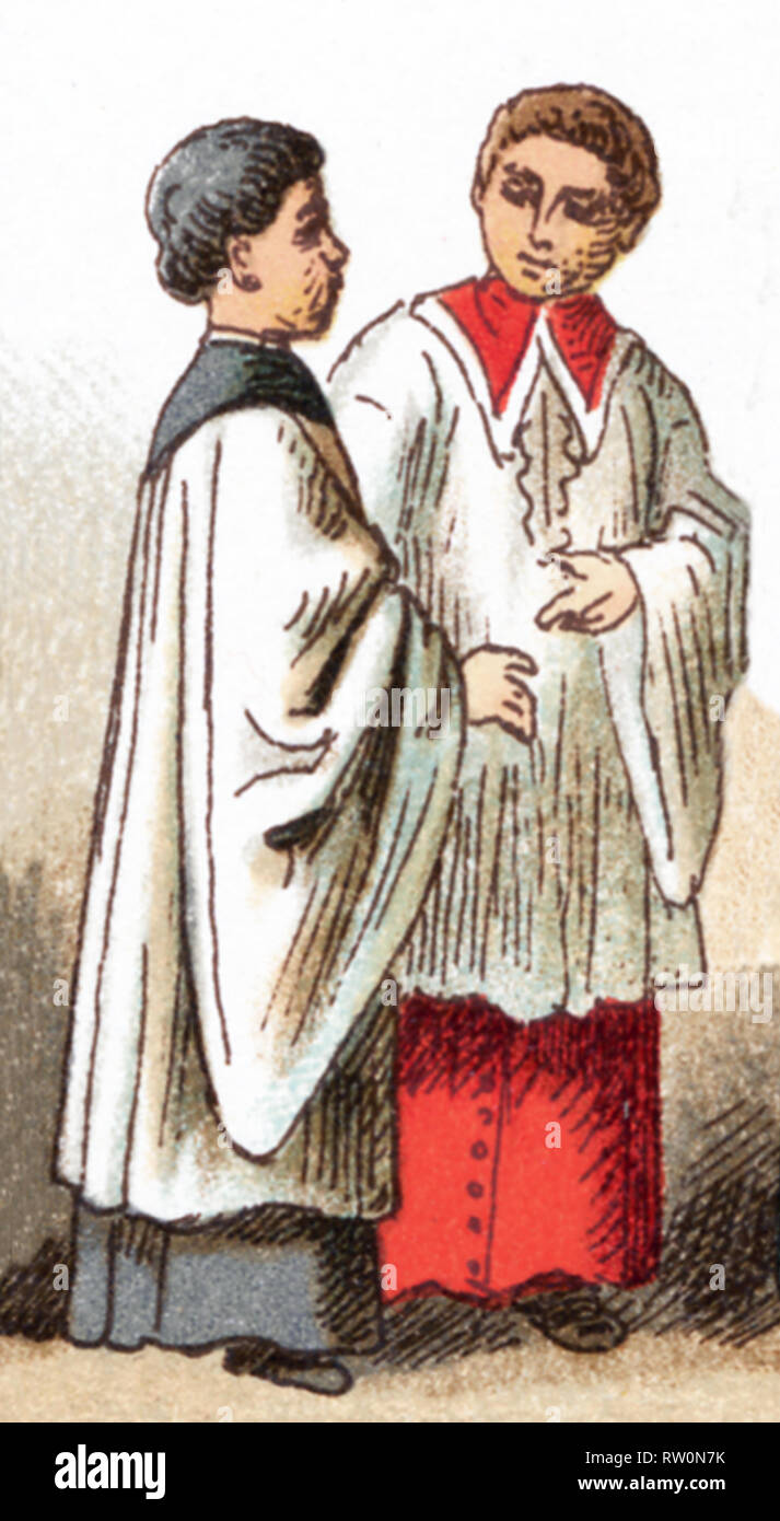 Les illustrations présentées ici illustrent deux costumesof Ministrants ecclésiastique ou servants au 15e siècle. L'illustration dates à 1882. Banque D'Images