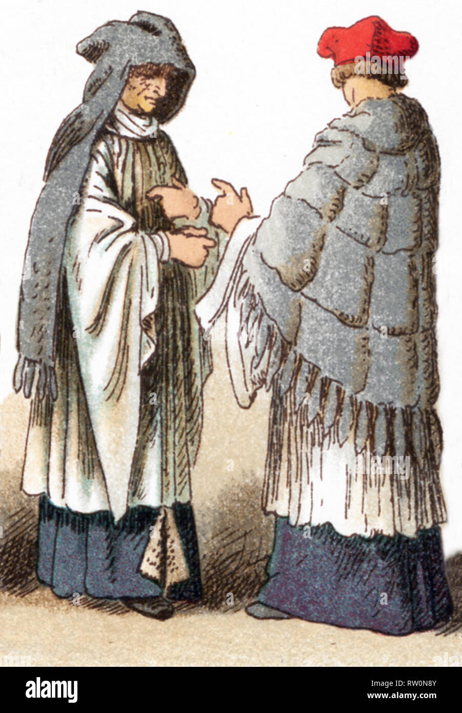 Les illustrations présentées ici illustrent les costumes ecclésiastiques d'un chanoine portant un faire face et amess au 15ème siècle et un canon au 17ème siècle. L'illustration dates à 1882. Banque D'Images