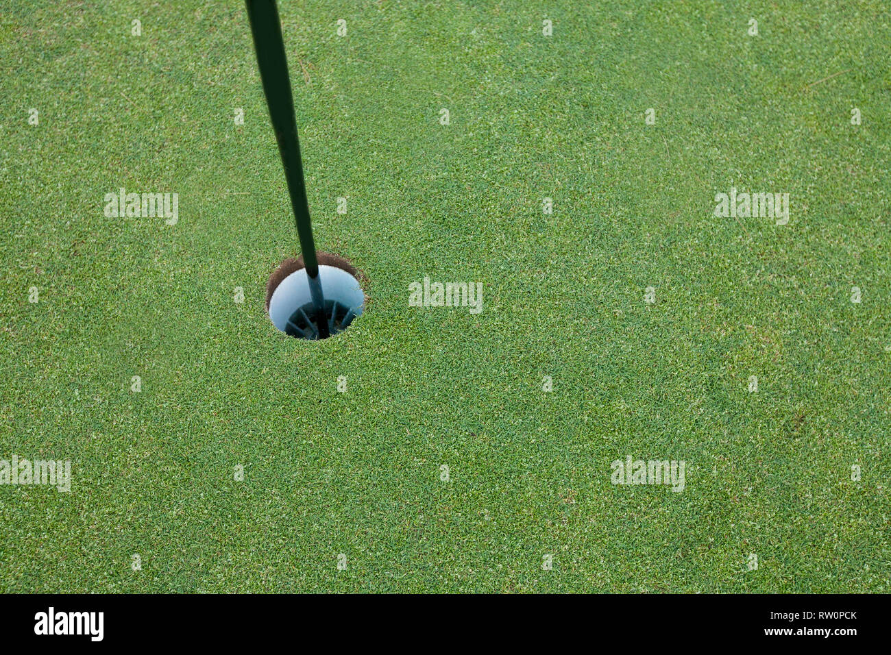 Trou avec le mât sur un terrain de golf et copy space Banque D'Images