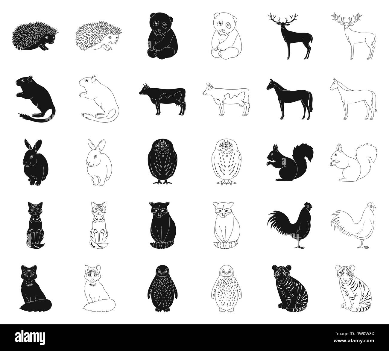 Animal,Animaux,noir,oiseaux,plan,race,chat,collection,vache,cerf,design,chien,ferme,fox,gerbille,hérisson herbivore,icon,illustration,logo,isolé,chouette,mammifère,panda,penguin,animal,predator,chiot,lapin,raton laveur,réaliste,coq,rongeurs,set,signer,ou,écureuil tigre,symbole vecteur,web,wild,zoo, vecteurs vecteur , Illustration de Vecteur