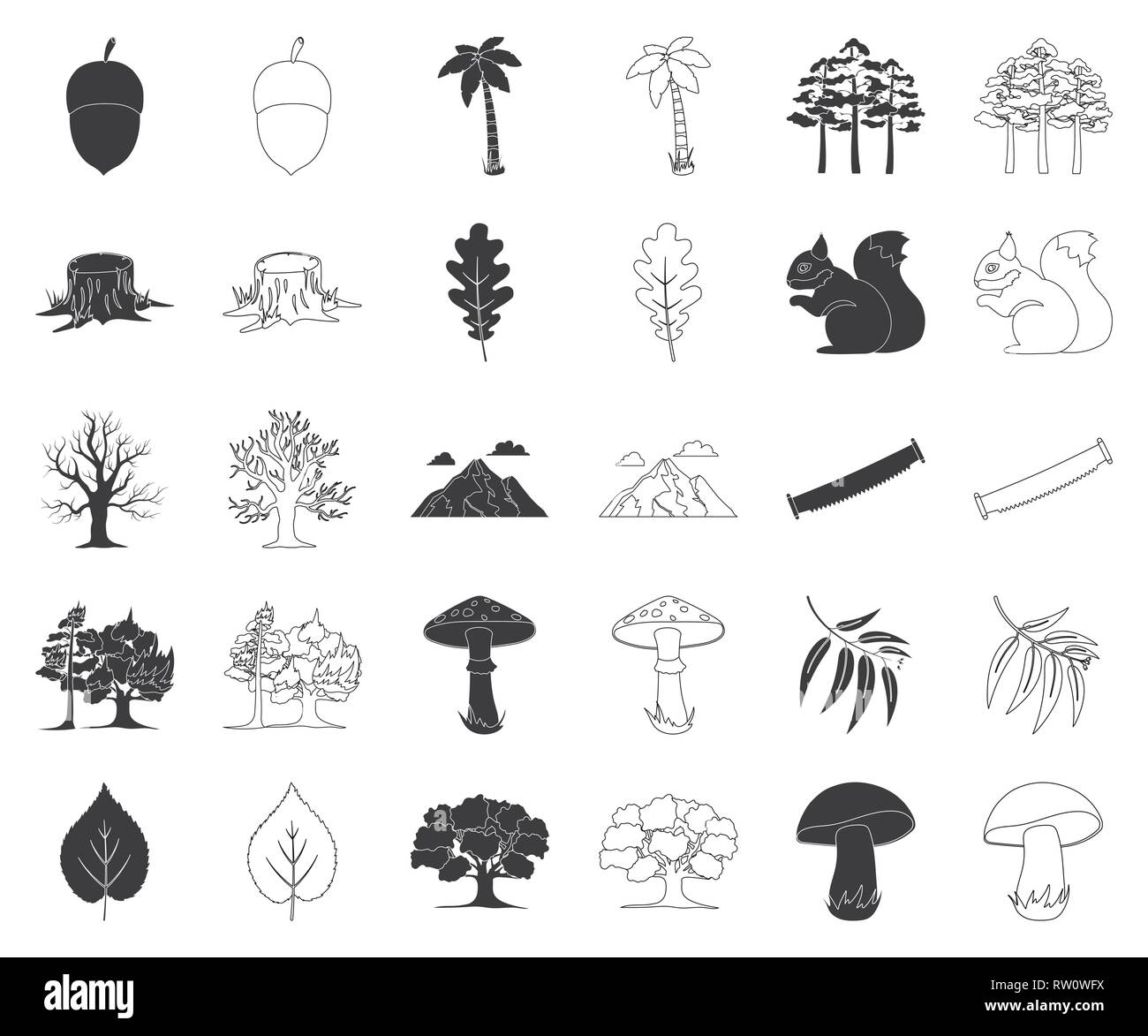 Acorn,art,Black,contours,collection,direction,concept,design,écologie,Environnement,élément,eucalyptus,faune,flore,feu,icône,gris,illustration,paysage,isolé,logo,feuilles,erable,monochrome,montagne,champignons,nature,plantes,loisirs,set,signer,squirrel,symbole,moignon tronc,vecteur,web,blanc,en bois , vecteurs vecteur Illustration de Vecteur