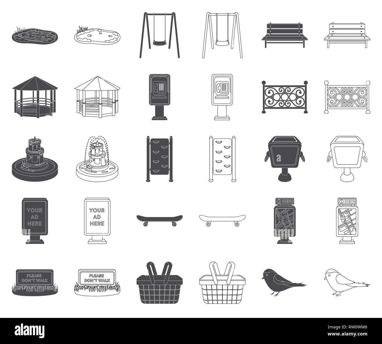 Bannière,art,bars,panier,banc,Black,contours,bord,peut,design,confort,collection,équipement,animation,clôture,fontaine,déchets,gazebo,icône,gymnastique,illustration,informations,logo,lampe,isolé,nature,sans,parc,parc,parus payphone,merci,pique-nique plaisir,étang,reste,seat,set,signer,skateboard,swing,vecteur symbole,marche,mur,web,vecteurs vecteur , Illustration de Vecteur