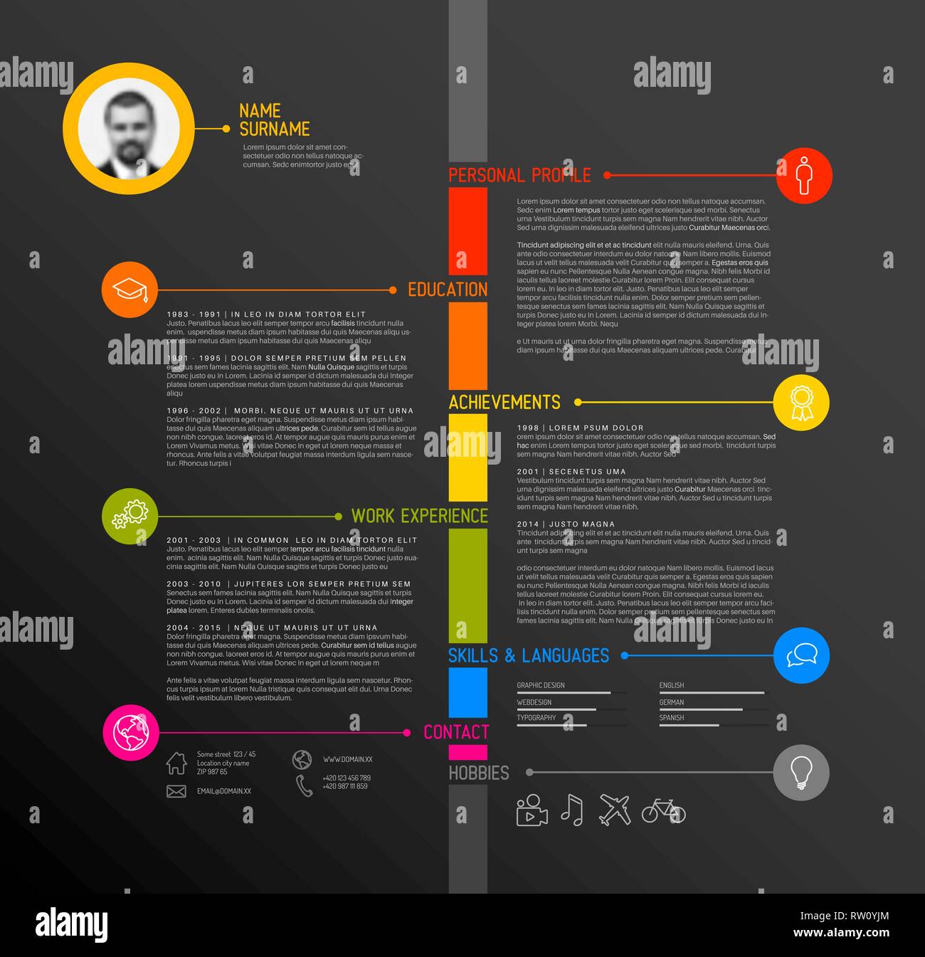 Minimaliste vecteur cv / modèle de CV - version sombre minimaliste, avec une ligne du temps dans le milieu Illustration de Vecteur