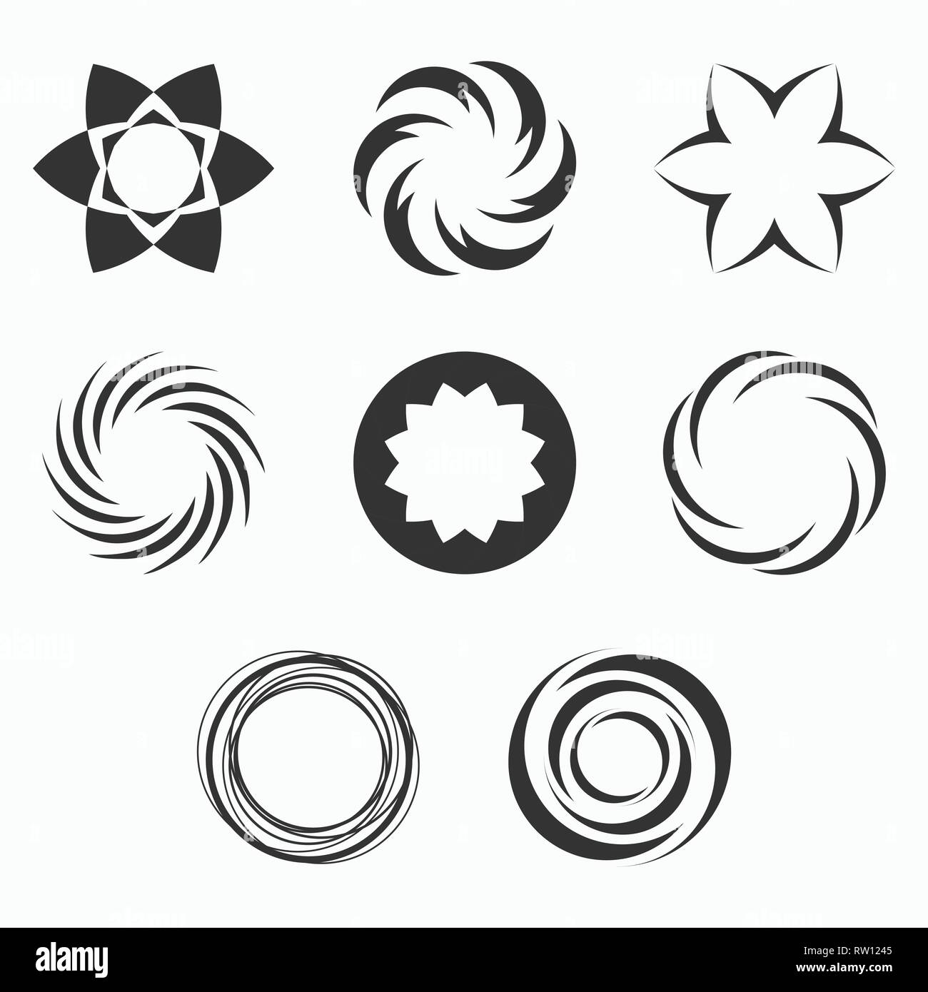 Résumé des formes géométriques, des symboles pour votre conception. Centre symétrique des formes. Les couleurs monochromes. Éléments de conception.Collection de symboles vectoriels abstraits. Illustration de Vecteur