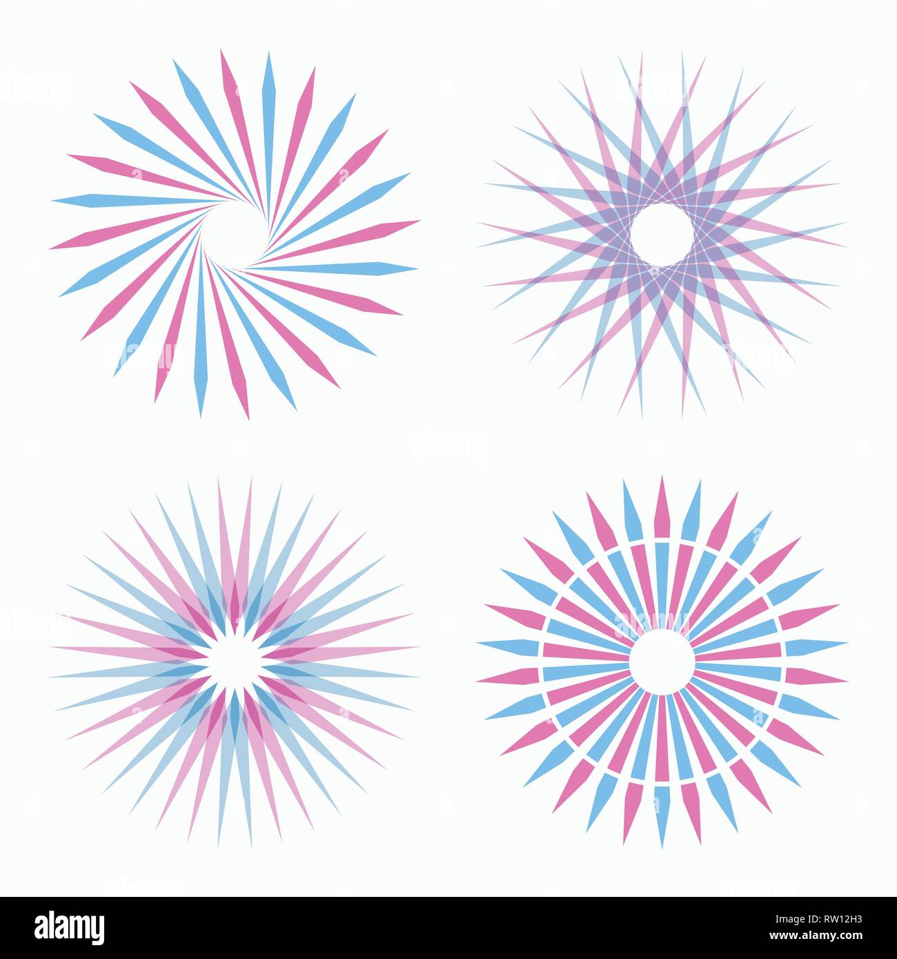 Ensemble de formes géométriques circulaires abstraites. La géométrie sacrée. Sunburst, formes d'étoile. Éléments de conception. Radial, la fusion des lignes. Star des symboles. Lo ronde Illustration de Vecteur