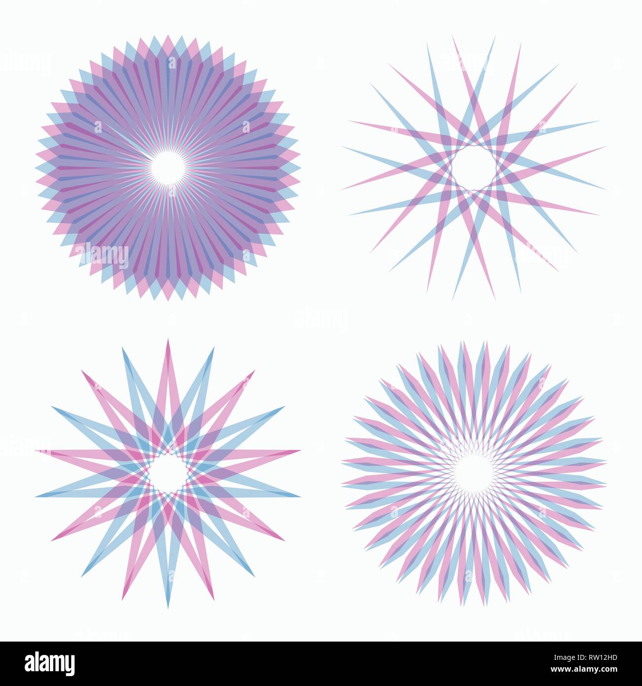 Ensemble de formes géométriques circulaires abstraites. La géométrie sacrée. Sunburst, formes d'étoile. Éléments de conception. Radial, la fusion des lignes. Star des symboles. Lo ronde Illustration de Vecteur