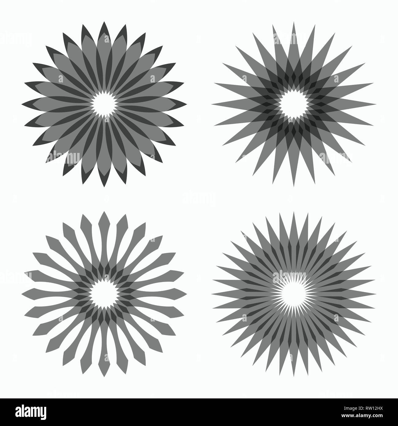 Ensemble de formes géométriques circulaires abstraites. La géométrie sacrée. Sunburst, formes d'étoile. Éléments de conception. Radial, la fusion des lignes. Star des symboles. Lo ronde Illustration de Vecteur
