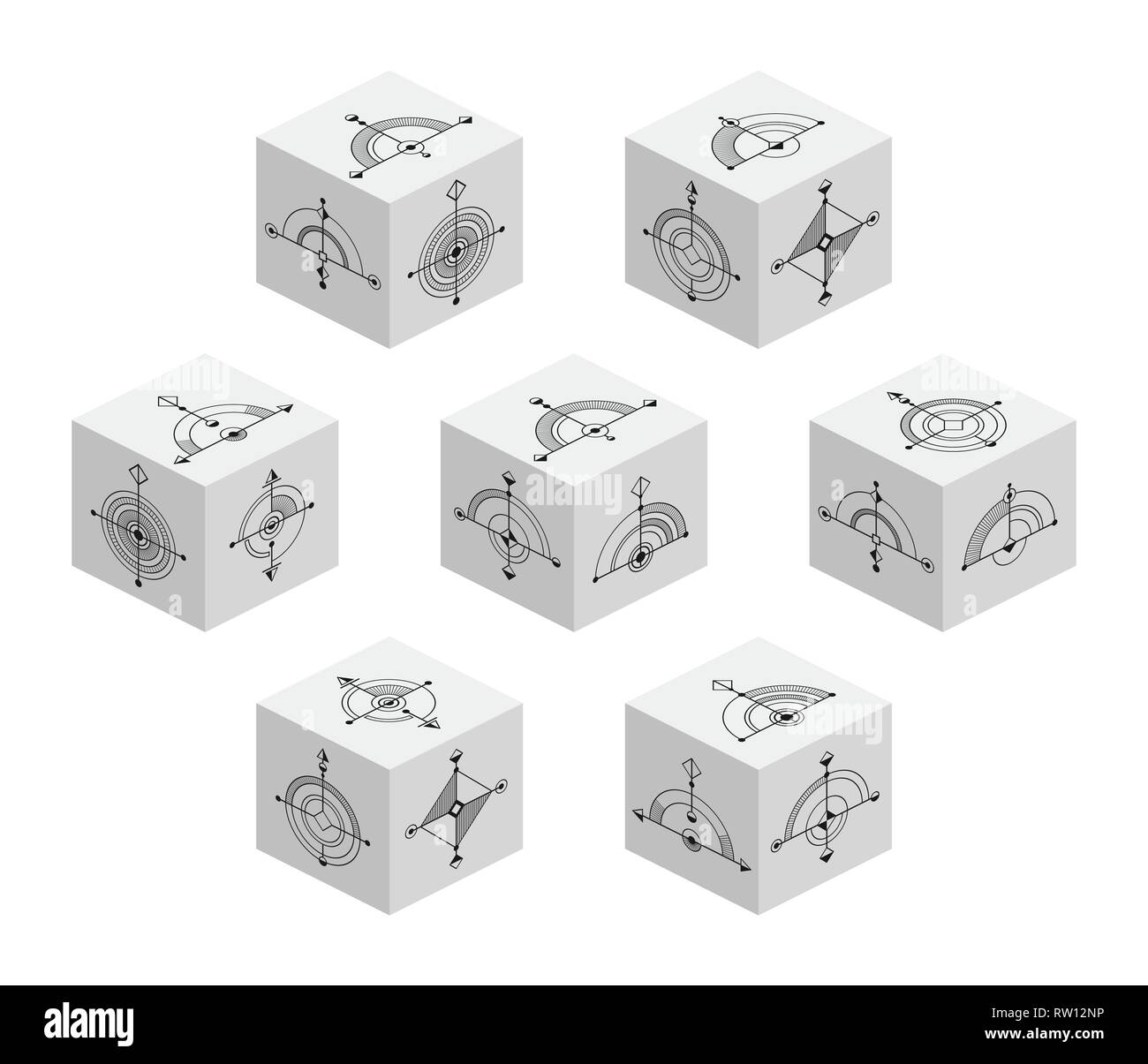 Cubes 3D avec des symboles abstraits de chaque côté. Ensemble de données spatiales. Graphiques isométrique télévision. Illustrations vectorielles. Logos géométriques isolé sur blanc. Illustration de Vecteur
