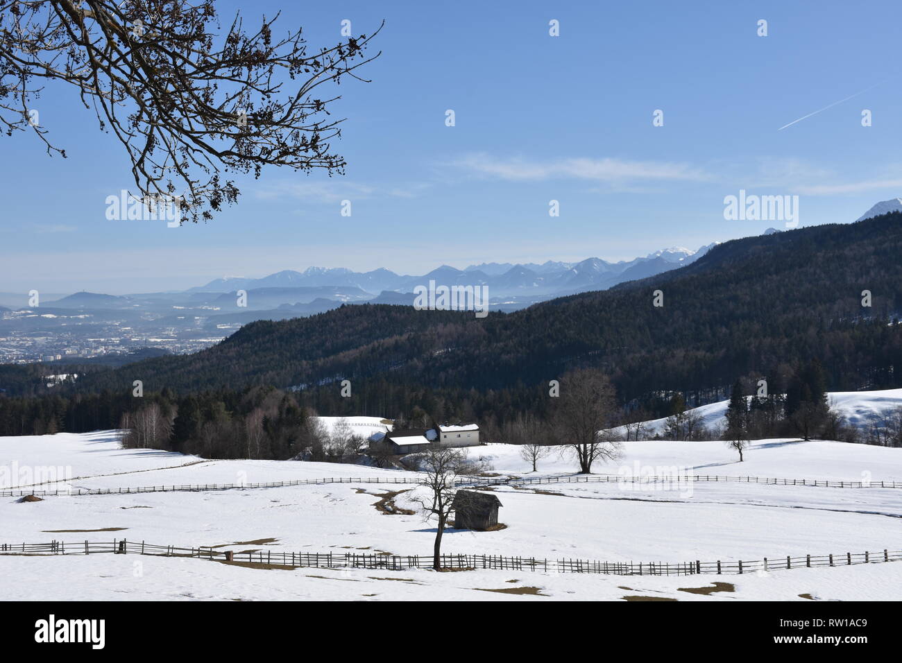 Kärnten, Villach, Stadt, Panorama, Skyline, Stadt, Dobratsch, Photo, Holzkreuz, Baum, Wald, hiver, Schnee, Wiese, Weide, verschneit, kahl, AST, Äs Banque D'Images