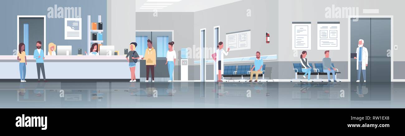 Les patients de race mix ligne permanent à la file d'attente de réception de l'hôpital les médecins de soins de consultation clinique médicale plein intérieur concept Illustration de Vecteur