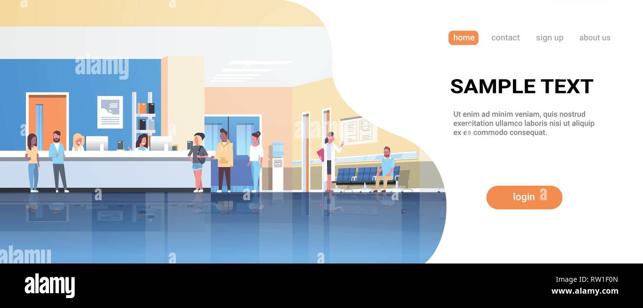 Les patients de race mix ligne permanent à la file d'attente de réception de l'hôpital les médecins de soins de consultation clinique médicale plein intérieur concept Illustration de Vecteur