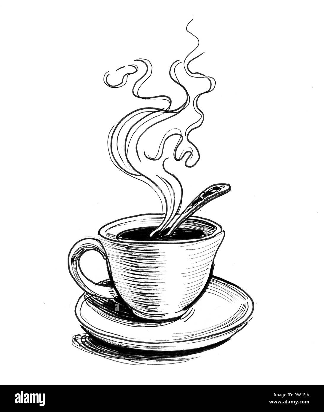 Tasse de thé chaud sur une soucoupe. Dessin noir et blanc Encre Photo Stock  - Alamy