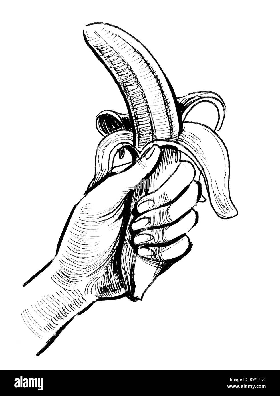 Main tenant une banane. Dessin noir et blanc Encre Banque D'Images