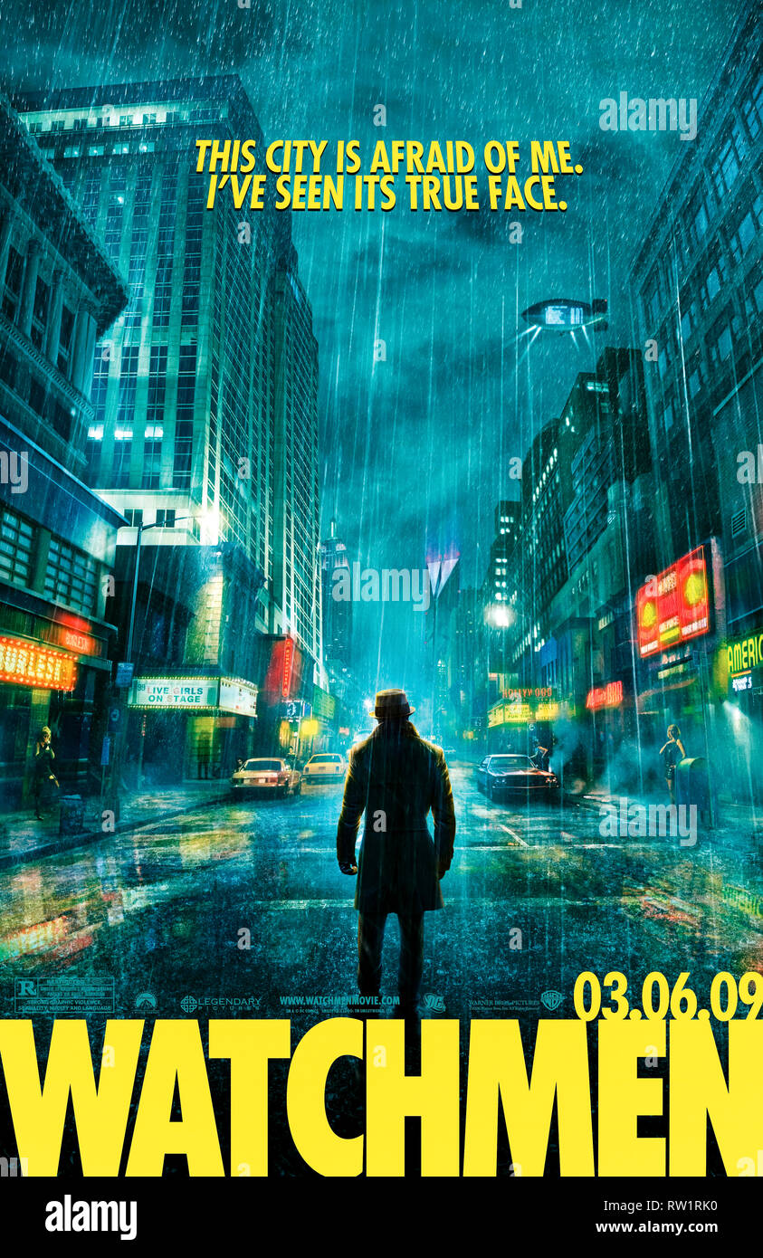 Watchmen (2009) réalisé par Zack Snyder et avec Jackie Earle Haley, Patrick Wilson, Carla Gugino et Jeffrey Dean Morgan. Adaptation cinématographique de l'impressionnante série de comics britannique. Banque D'Images