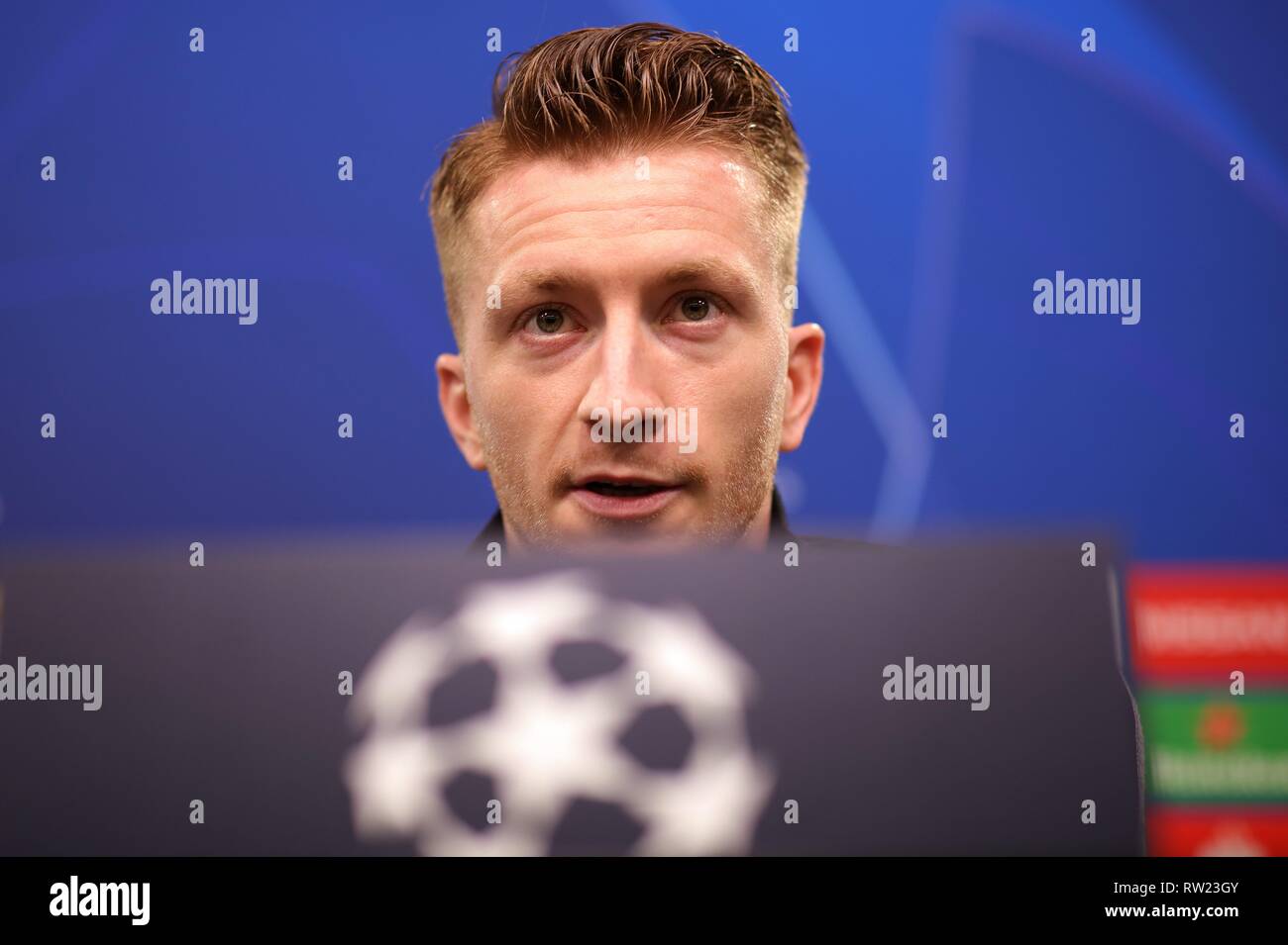 Dortmund, Allemagne . 08Th Mar, 2019. firo : 04.03.2019, football, 1.Bundesliga, la saison 2018/2019, CL, Ligue des Champions, BVB, Borussia Dortmund, PK, conférence de presse, Marco REUS | Conditions de crédit dans le monde entier : dpa/Alamy Live News Banque D'Images