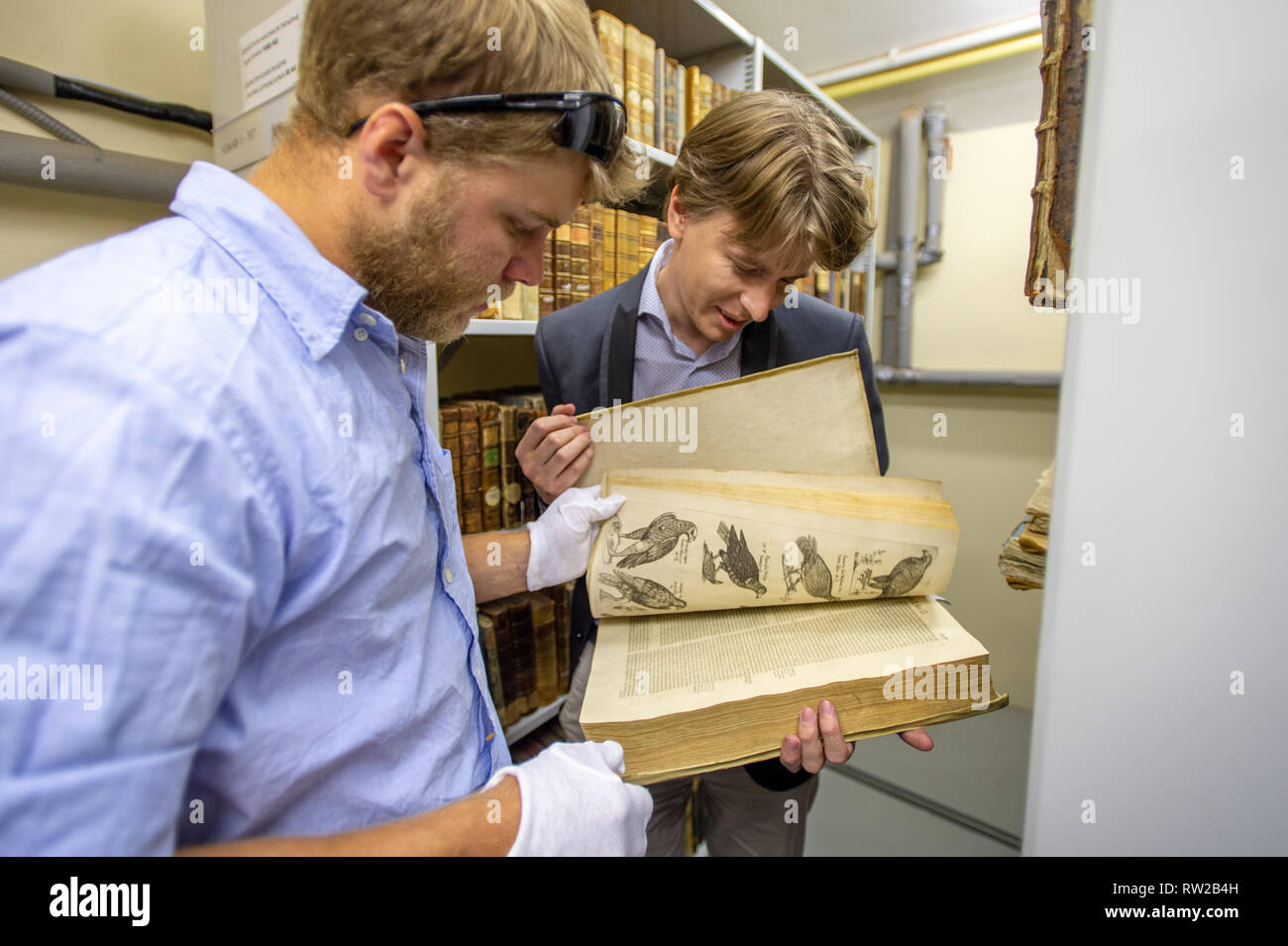 Deux hommes d'examiner de près l'ouverture d'un grand livre plus âgés dans les cheminées à la bibliothèque. Bibliothèque Agricole centrale, Varsovie, Voïvodie de Mazovie, Polan Banque D'Images
