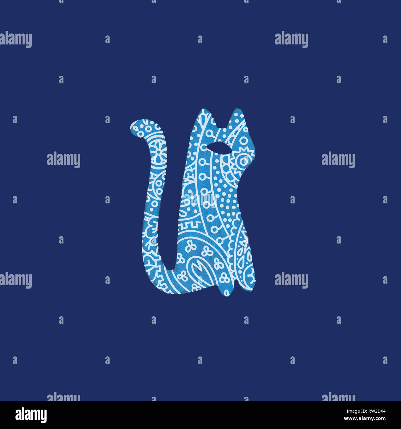 Résumé motif Paisley chat peint en bleu isolé sur fond bleu style design nordique animal minimal indien assis style fait main illustratio Banque D'Images