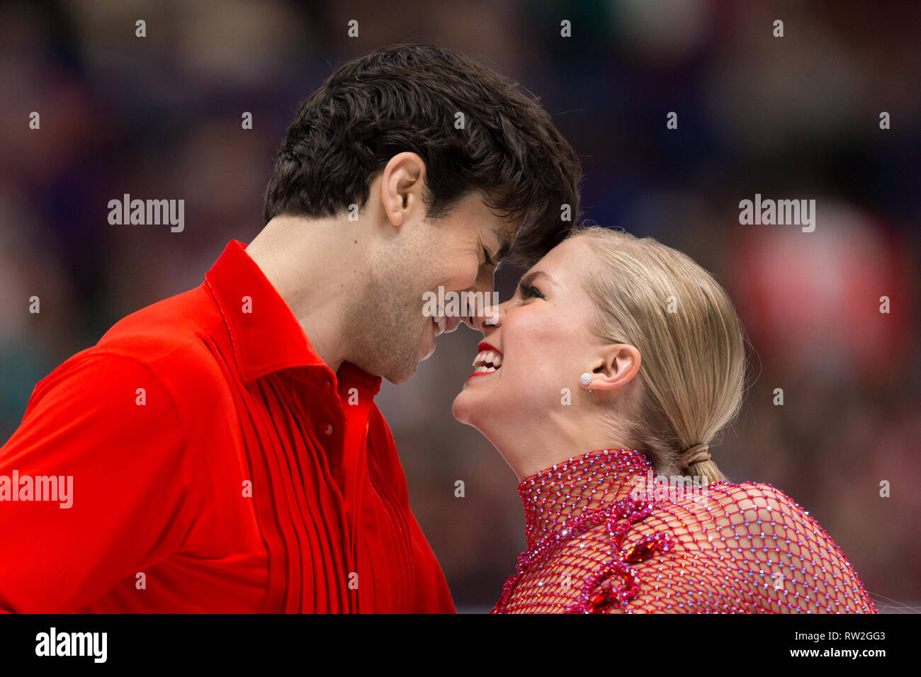 Kaitlyn Weaver et Andrew Poje du Canada au cours de championnats du monde de patinage artistique 2018 à Milan, Italie Banque D'Images