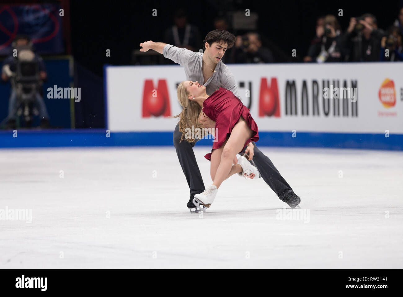 Kaitlyn Weaver et Andrew Poje du Canada au cours de championnats du monde de patinage artistique 2018 à Milan, Italie Banque D'Images
